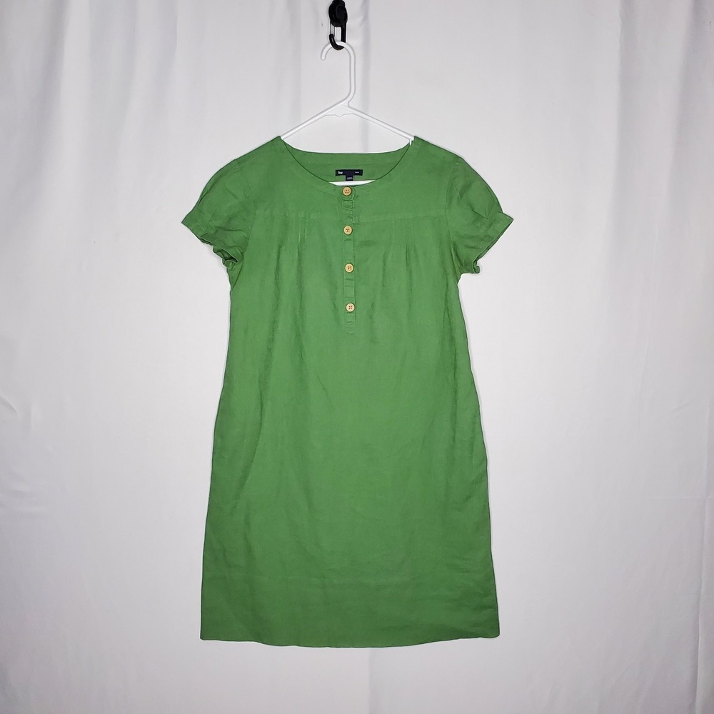 Vtg Gap Linen Cotton Dress Small Green Popover Button Shirtdress Y2K 00s Preppy